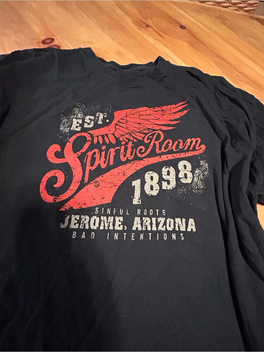 Black Tee with Red and White Spirit Room Graphic size XL